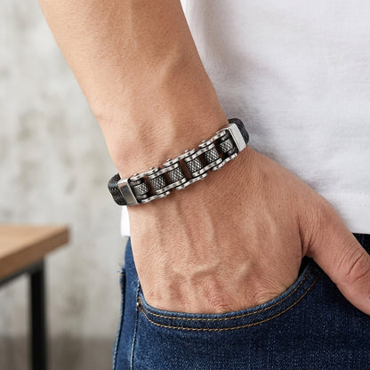 Pulsera Biker Cuero Trenzado y Eslabón⛓️