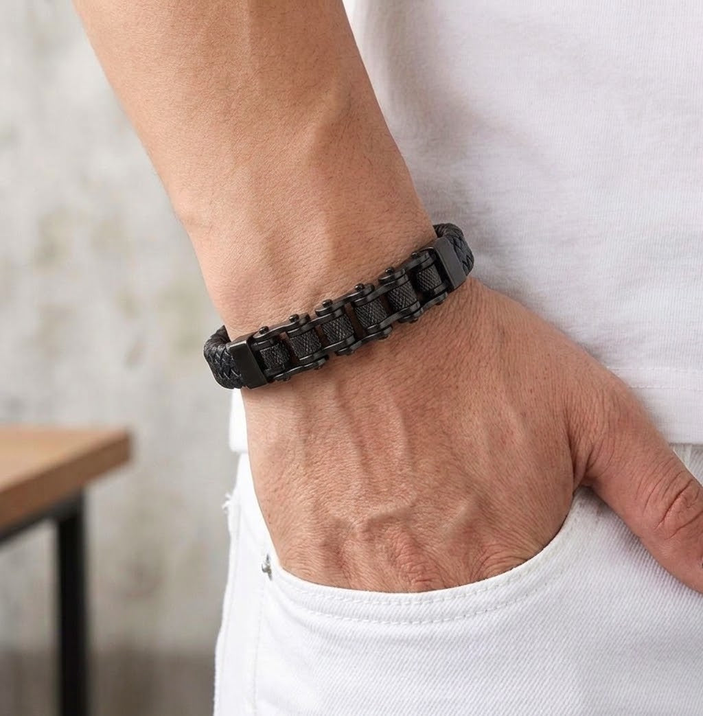 Pulsera Biker Cuero Trenzado Premium ⛓️